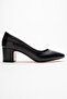 Women's Mirrored Heel Covered Block Heel Shoes; Black Leather - 2