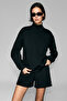 Xenya Women's Fleece Soft Turtleneck Printed Detailed Pocket Regular Black Sweatshirt - 3