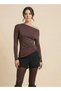 Women's Coffee Modal Rib Fabric Boat Neck Shoulder Detail Long Sleeve Blouse - 5