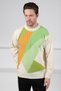 Ecru/Green Crew Neck Green and Mustard Detailed 100% Lamb Wool Men's Knitwear Sweater - 3