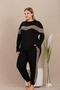 Women's Black Leopard Detail Plus Size Pajama Set, Long Sleeve, with Pockets, Tight Leg, Viscose Fabric