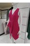 Thick Straps V-Neck Ruffled Cross Leg Detail Mini Dress Crepe Scuba Fabric Fuchsia - 4