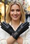 Women's Belt Buckle Lined Genuine Lambskin Leather Gloves - 5