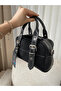 Cat Bag Black Suede Textured Belt Detail Hand Bag - 7