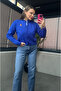 Cobalt Blue Short Knit Cardigan with Teddy Bear Detail - 5