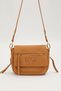 Coffee-colored shoulder bag with front zipper detail.