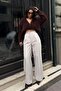 Beige Wide Leg Women's Fabric Trousers Sh341 - 8