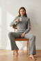 Women's Corded Fabric Tracksuit Set – Grey High-Necked Crop Top & Flared Pants, Stretchy Comfortable Fit - 2