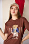 Women's Brown Bear Embroidered Crew Neck Short Sleeve Cotton T-Shirt - 6
