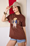 Women's Brown Bear Embroidered Crew Neck Short Sleeve Cotton T-Shirt - 3