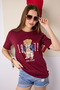 Women's Burgundy Bear Embroidered Crew Neck Short Sleeve Cotton T-Shirt - 5