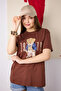Women's Brown Bear Embroidered Crew Neck Short Sleeve Cotton T-Shirt - 9