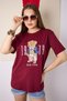 Women's Burgundy Bear Embroidered Crew Neck Short Sleeve Cotton T-Shirt - 6