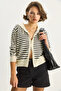 Women's Ecru Black Striped Hooded Double Zipper Basic Cardigan 20246865 - 3