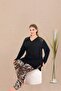Women's Black Long Sleeve V-Neck Plus Size Tunic Pajama Set, Bottom Leopard Print, Viscose Fabric - 2
