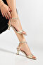Mila Snake Patterned Gold Heels 6 cm Heel Height Thin Heels Low Comfortable Daily Evening Dress Shoes