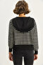 Women's Black Ecru Striped Hooded Double Zipper Basic Cardigan 20246865 - 7