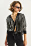 Women's Black Ecru Striped Hooded Double Zipper Basic Cardigan 20246865 - 3