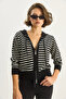 Women's Black Ecru Striped Hooded Double Zipper Basic Cardigan 20246865 - 5