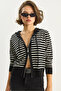 Women's Black Ecru Striped Hooded Double Zipper Basic Cardigan 20246865