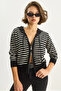 Women's Black Ecru Striped Hooded Double Zipper Basic Cardigan 20246865 - 4
