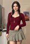 Plain Burgundy Heart Neck Y2K Long Sleeve Crop - 2