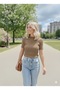 Beige Mock Neck Short Sleeve Darkalıp Ribbed Knit Bodysuit Mdmkısa04Kaş