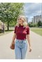 Burgundy Mock Neck Short Sleeve Darkalıp Ribbed Knit Bodysuit Mdmkısa04Kaş