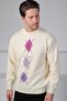 Ecru/Lilac Crew Neck Pink Lilac Patterned 100% Lamb Wool Men's Knitwear Sweater - 2