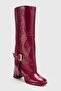 Lojo Burgundy Wrinkled Patent Leather Genuine Leather Buckle Women's Thick Heeled Boots - 4