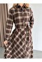 Plaid Shirt Collar Front Buttoned Waist Belted Side Pocket Top Regular Bottom Flared Maxi Length Prenium Dress - 5