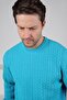 Turquoise Crew Neck Embossed Hair Knit Patterned 100% Lamb Wool Men's Knitwear Sweater - 5