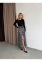 High Waist Half Belt Detailed Flared Front Openable Hidden Buttoned Slit Prenium Long Plaid Skirt - 6