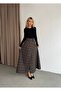 High Waist Half Belt Detailed Flared Front Openable Hidden Buttoned Slit Prenium Long Plaid Skirt