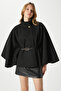 Women's Kayla Gold Buttoned Belted Black Cashmere Poncho - 8