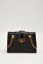 Quilted Embroidered Chain and Fold Lock Detailed Women's Large Size Stylish Shoulder Bag Black - 5