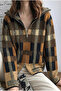 Brown Pocketed Double Zippered Premium Plaid Knitwear Cardigan