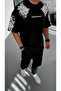Unisex Flocking Embossed Printed T-Shirt - Black - 4