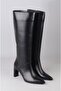Seç 1717 Genuine Leather Heel-Style Women's Boots (Heel Height: 8 cm) Black - 5