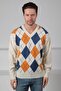 Ecru/Orange V-Neck Colorful Diamond Patterned 100% Lamb Wool Men's Knitwear Sweater
