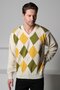 Ecru/Yellow V-Neck Colorful Diamond Patterned 100% Lamb Wool Men's Knitwear Sweater - 3