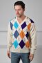 Ecru/Turquoise V-Neck Colorful Diamond Patterned 100% Lamb Wool Men's Knitwear Sweater - 3
