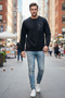 Men's Zipper Detail Crew Neck Cotton Sweatshirt 24722 Black - 2