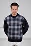 Navy Blue Crew Neck Striped Front Lamb Wool Blend Men's Knitwear Sweater - 4