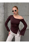 Women's Waist Detail Boat Neck Long Sleeve Coffee Blouse - 8