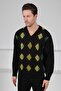 Black/Green V-Neck Green Argyle Patterned 100% Lamb Wool Men's Knitwear Sweater - 2