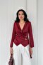 Burgundy Double-Breasted Collar Buckle Detailed Satin Blouse