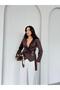 Brown Double-Breasted Collar Buckle Detailed Satin Blouse - 2