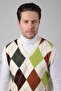 Ecru/Khaki V-Neck Colorful Diamond Pattern Sleeveless 100% Lamb Wool Men's Knitwear Sweater - 5