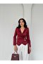 Burgundy Double-Breasted Collar Buckle Detailed Satin Blouse - 2